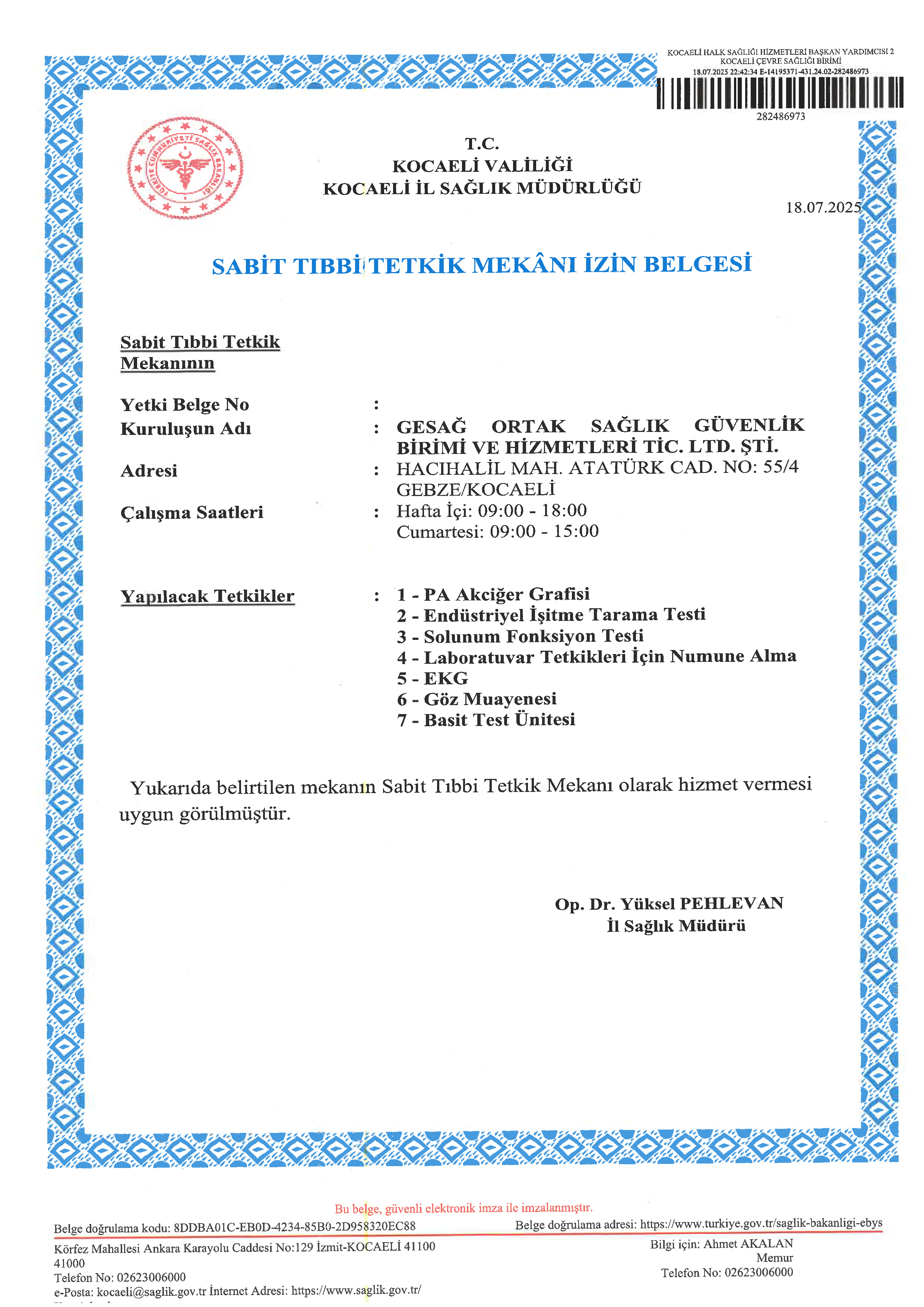 Sabit Tetkik Mekânı İzin Belgesi